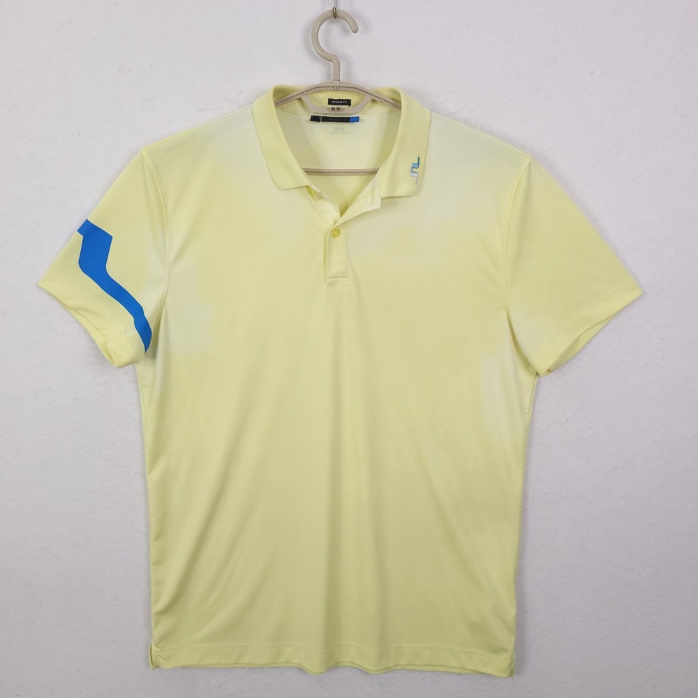 J Lindeberg Heath Regular Fit TX Golf Polo Shirt Yellow Blue Mens XL Performance